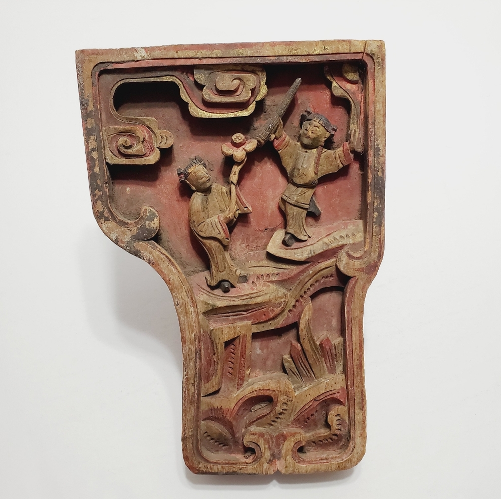 Antique Chinese Wooden Panel Hand Carved 2 Robed Figures 6.5x9.5x1.25"
